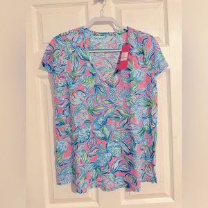 Lilly Pulitzer 
Etta V-Neck Shirt
Pelican Pink
Off the Scales